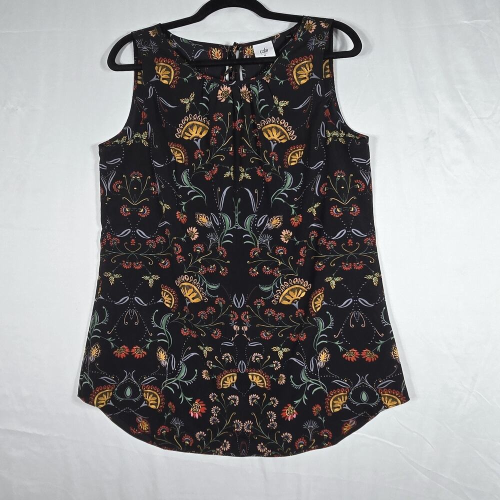 Cabi Sleeveless Blouse Womens Medium Black Floral Boho Print Tie‎ Neck Top